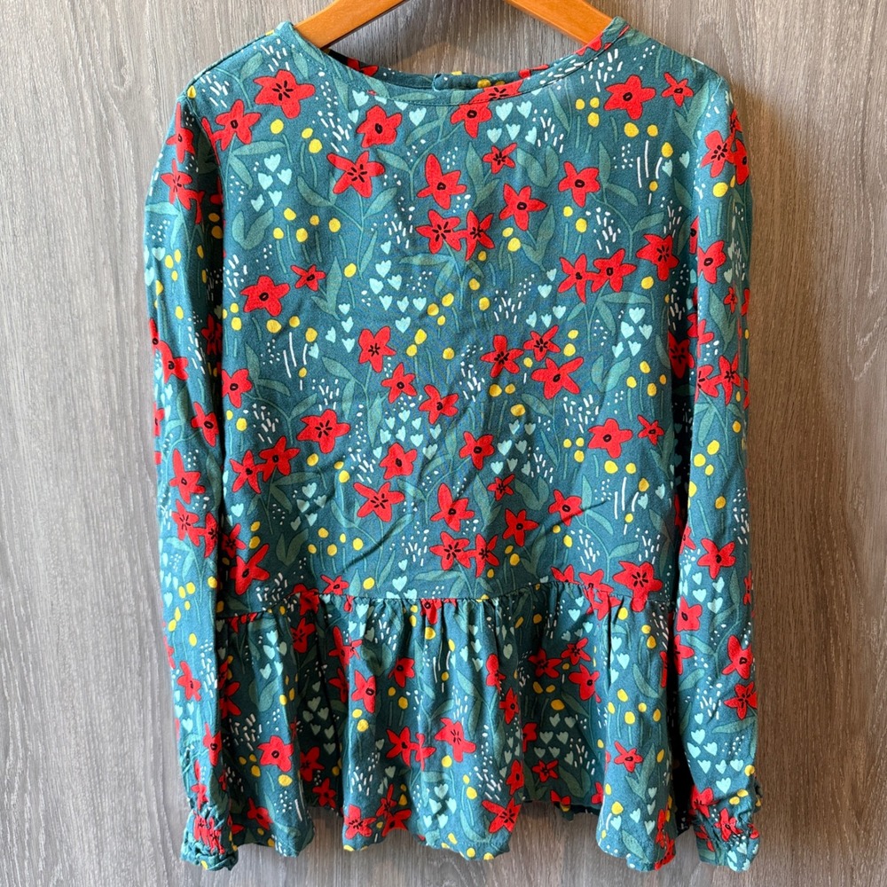 Hanna Andersson Peplum Top Girls 6-7 Green Red Floral Long Sleeve Boho Whimsical